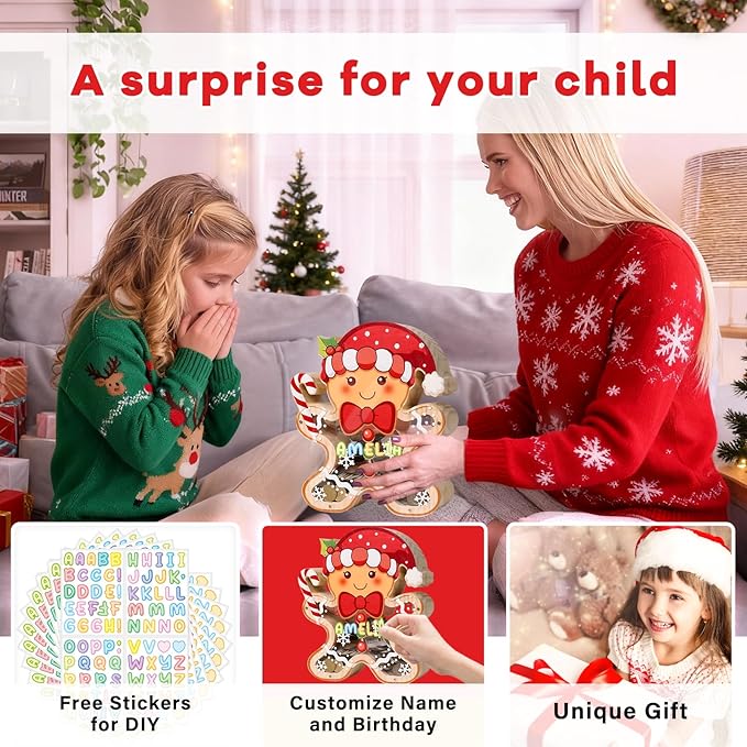 Wooden Christmas Piggy Bank for Kids, Gingerbread Man Money Bank for Boys Girls Toddler, Unbreakable Kids Money Box with Letter Sticker, Large Saving Coin Jar for Xmas Home Christmas Décor