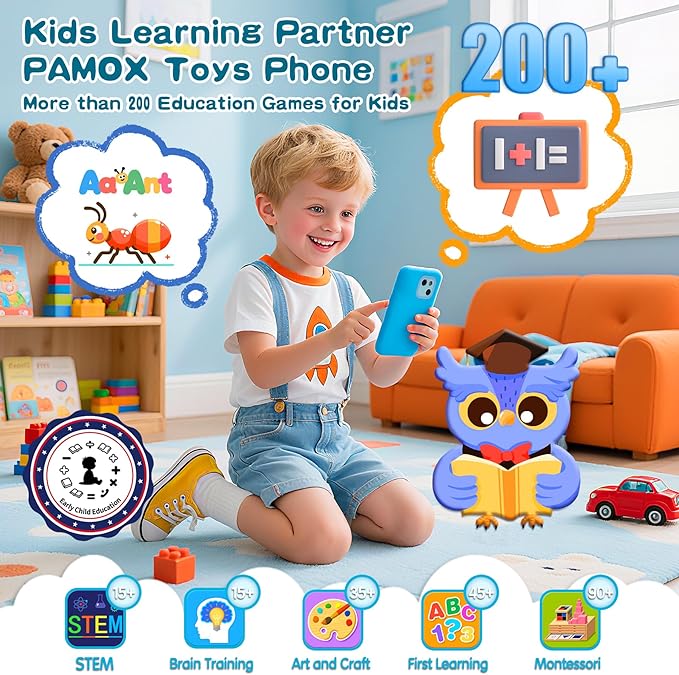Kids Toy Phones with Dual Camera, Learning Toys Phones Gifts for Kid 3-12 with 200+ Educational Puzzle Games, 4" Touchscreen Rechargeable Blue Child Smartphones with Parental Control