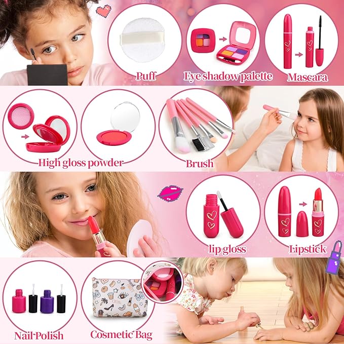 Toddler Girls Toys Pretend Makeup Kits - Fake Makeup Set Toys for Kids 3 4 5 6 Year Old, Play Makeup Gift for Little Girls 3-5, Toddler Makeup Kit with Fake Makeup Toy Birthday Gift (Beige)