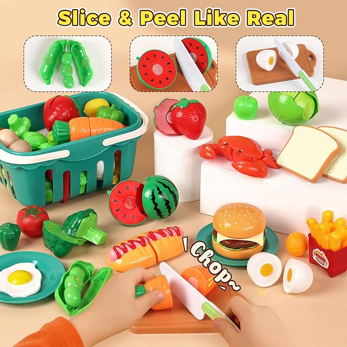 LovesTown 59PCS Pretend Play Food Set for Toddler, Yellow Toys Pots and Pans for Kids with Basket Kitchen Toys for Girls Boys Birthday Gifts