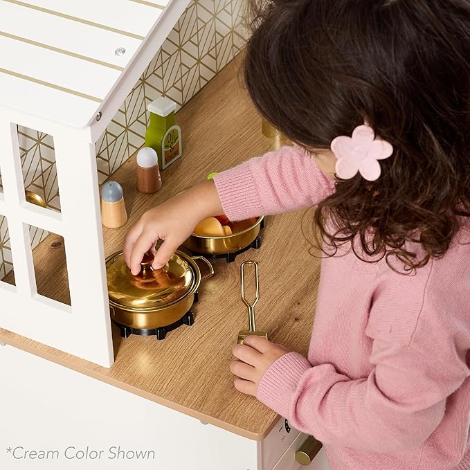 Best Choice Products Pretend Play Wooden Farmhouse Kitchen Set for Kids w/Toy Storage, Clicking Knobs, Windows, 5 Accessories Included - Beveled White