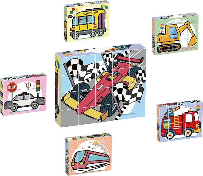 PicassoTiles Magnetic Cube Puzzle 6-in-1 Vehicle Theme Pattern Magnet Brain Teaser Cubes Building Block 120 Pictures Toy Set Kids Ages 3 & Up Preschool Children Promotes Problem PMC24