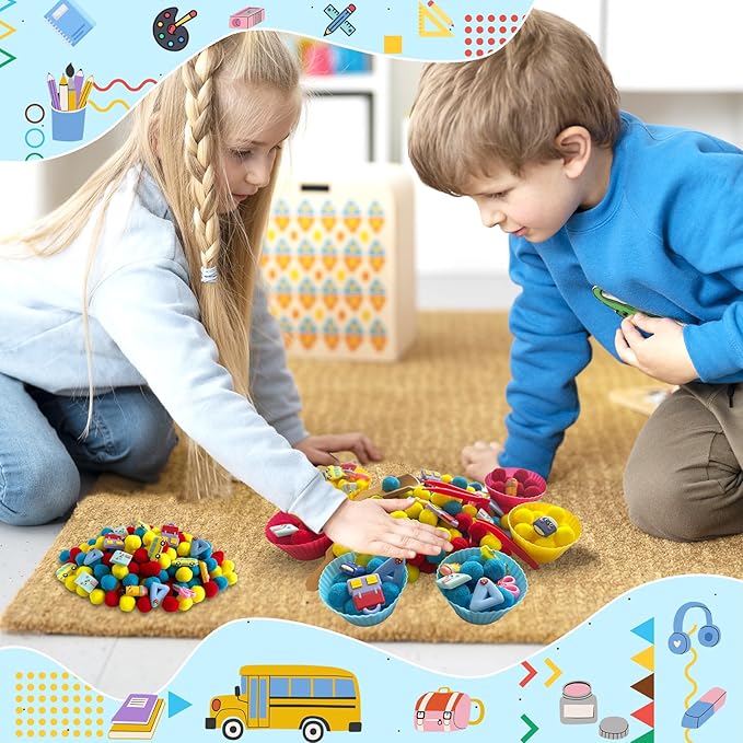 154Pcs Stationery Sensory Bin Filler, Fine Motor Toys Stationery Sensory Bin Items Counting Sorting Toy for Preschool Education Activities Include Pom Poms Pen Scissors Notebooks Cup
