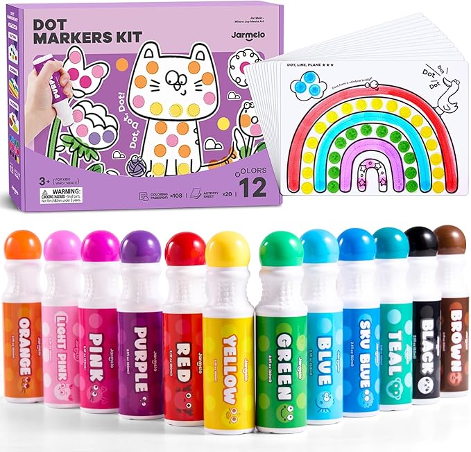 Jar Melo Washable Dot Markers for Toddlers 1-3, 12 Colors Dot Paints with 108 PDF & 20 Physical Activity Papers, Non-Toxic Bingo Daubers for Toddlers 2-4, Kids Arts and Crafts Supplies