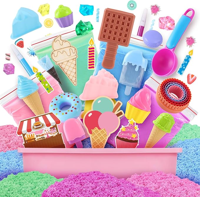 Golray Ice Cream Sensory Bin for Girls, Play Sand Art Kit with Sandbox, 2lb Magic Sand, Cake & Waffle Molds, Pretend Play Desserts Toys, Sensory Toy Set Gifts for Girl Toddlers Ages 3 4 5 6 7 8