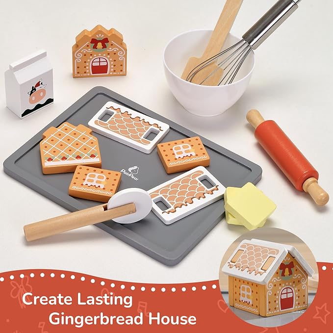 PairPear Gingerbread House Baking Playset – 29 Piece Wooden Christmas Cookie Baking Kit, 3D Toy Cookie Play Food & Pretend Kitchen Accessories, Educational Play Baking Toys Gift for Kids 3+