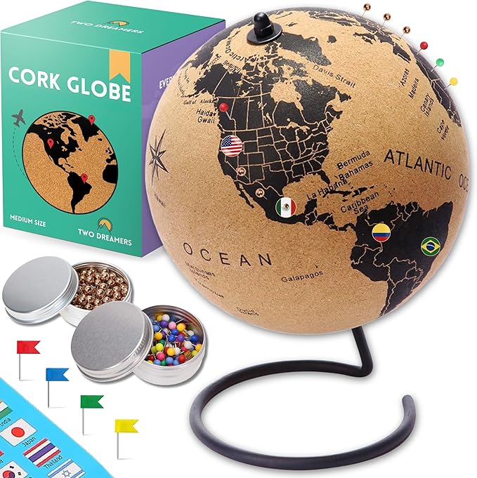Medium Cork Globe 9.4" Tall | World Travel Map with Metallic, Colored & National Flags Push Pins | 3D World Map Pin Board for Home or Office | Unique Gift for Travelers, Couples & Families | Push Pin Map