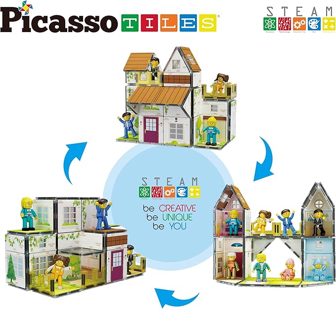 PicassoTiles Magnet Tile Building Block Family Homestead Doll House Theme Playset 8 Character Action Figures Double Sided Magnetic Tiles Printing STEM Education Learning Kit Toy Set Kids Ages 3+ PTQ06