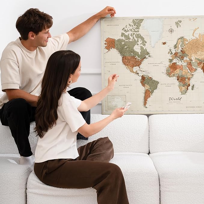Canvas World Map with Cork Pin Board - English Lettering - Decorative Wall Decoration for All Rooms - Canvas Pictures with World Map Motif (90x60 cm, Pattern 2)