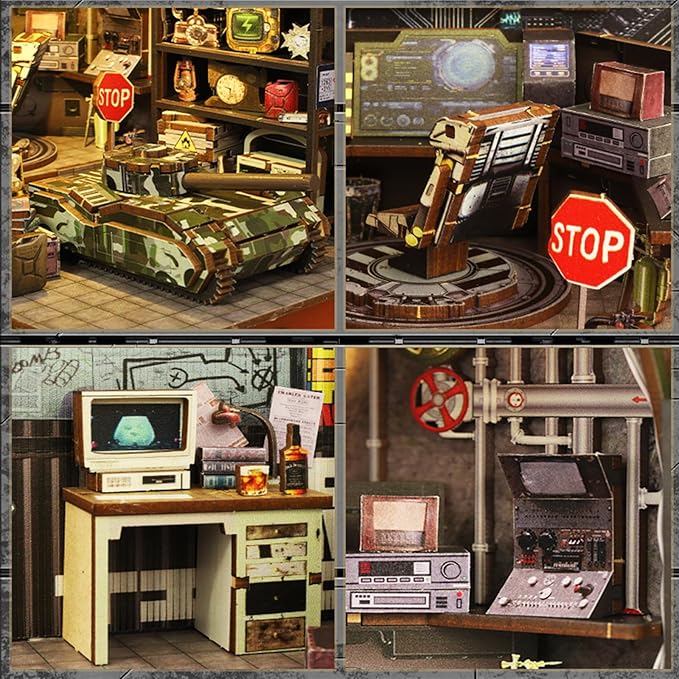 ISSEVE Book Nook Kit, 3D Wooden Puzzle DIY Miniature House Kit for Booknook Shelf Insert Decoration, Magic Book House Stand Bookshelf Dollhouse for Adults with Sensor Ligh (Military Base)