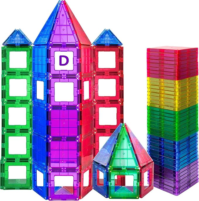 Magnetic Tiles Building Blocks - 113pcs Advanced Set - STEM Toys for 3+ Year Old Boys and Girls -Strongest Magnets - Includes 13 Piece Insert Alphabet Cards - Learning by Playing