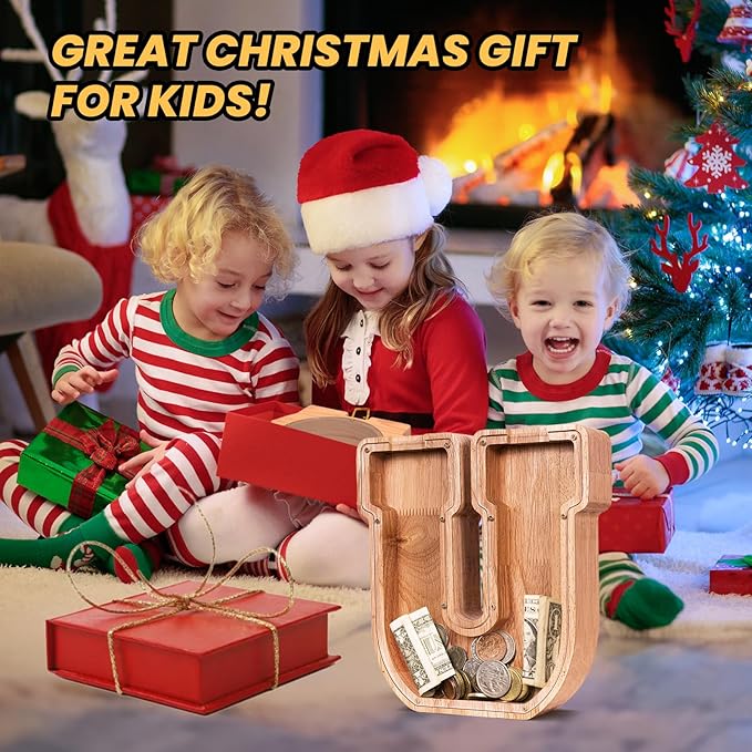 KMC Wooden Letter Piggy Bank, Personalized Initial Piggy Bank for Kids Boys, Clear Alphabet U Wood Money Box, Unbreakable Coin Saving Jar, Birthday, for Children