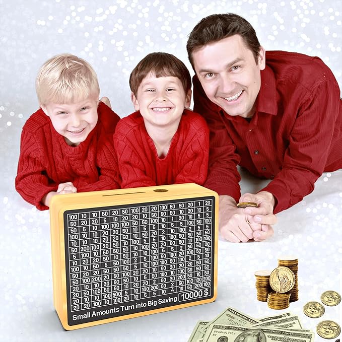 Piggy Bank for Adults Kids, Wooden Coin Bank for Boys and Girls, Cash Vault Money Saving Box with Counter $10000 $5000 $3000 $1000 Savings Challenge Money Box with Money Target and Numbers (Wood Box)