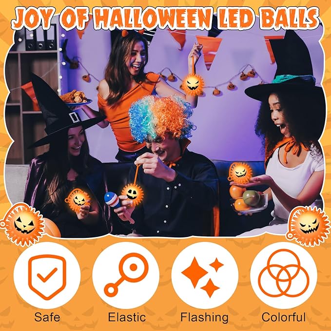 Sotiff 30 Pcs LED Halloween Pumpkin Stress Bouncy Light up Balls Spiky Squeaky Rubber Sensory Ball for Halloween Holiday Decors Gift Bag Stuffers Party Favor Fillers