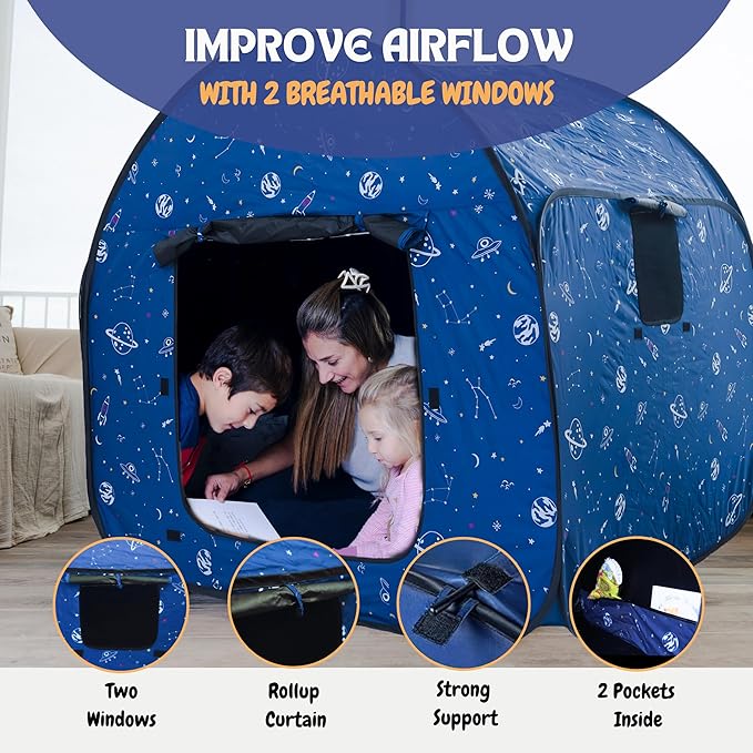 L’ARCHE Sensory Tent for Kids with LED Lights & Remote Blackout Pop-Up Calm Down for Autism, ADHD & SPD Indoor Sensory Room Play Tent Foldable & Portable (Space Theme, Big 47.2 inches)