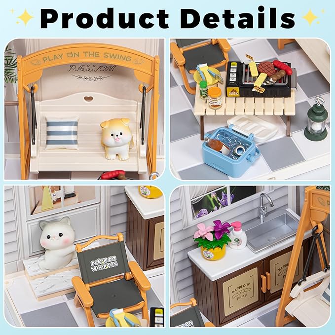 DIY Miniature House Kit Plastic House Building Toy Set with Roof & 2 Doors, Mini Dollhouse Kit with LED for Mini Figures Construction Toys Diorama Kit Gifts for Teens Adults (Happy Garden)