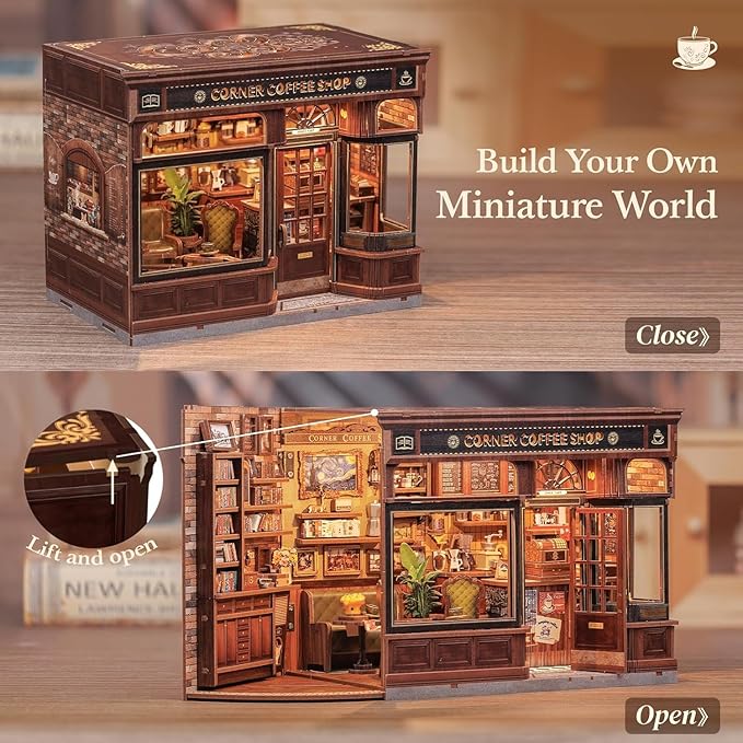 Fsolis Book Nook Kit - DIY Scene Miniature Kit, 3D Wooden Puzzles for Adults, 294 Pieces, Tiny House Booknook Craft Bookshelf Diorama Decor, Gifts for Women Teenagers Book Lovers (Corner Coffee Shop)