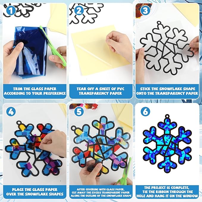 32 Sets Winter Snowflake Suncatchers Craft Kit DIY Window Stained Glass Effect Wintertime Snowflake Paper Crafts Home School Classroom Decoration Kid Birthday Gift Creative Art Project Activity Game