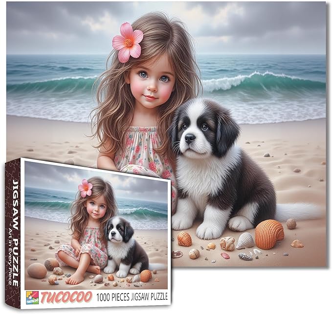 Tucocoo 1000 Piece Jigsaw Puzzle for Adults, Girl and Puppy on Seashell Beach – Ocean Artwork Puzzles, Floral Dress Coastal Art, Cute Dog Puzzle Gift for Women and Adults, Family Games Challenging