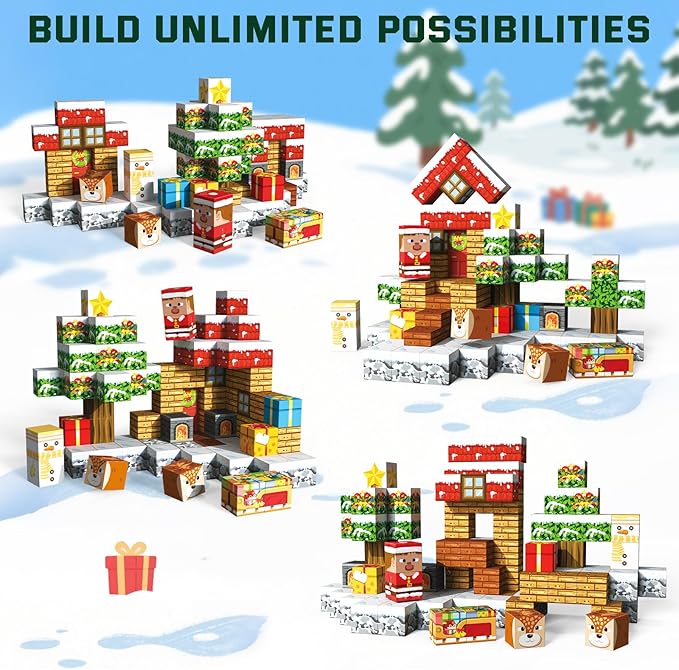 Christmas Magnetic Blocks 100 Pieces for Kids, Magnetic Tiles 3D Sensory Construction Building Santa Claus Reindeer, Magnet Cubes Stacking Toys Games for Toddlers Boys Girls Ages 3+