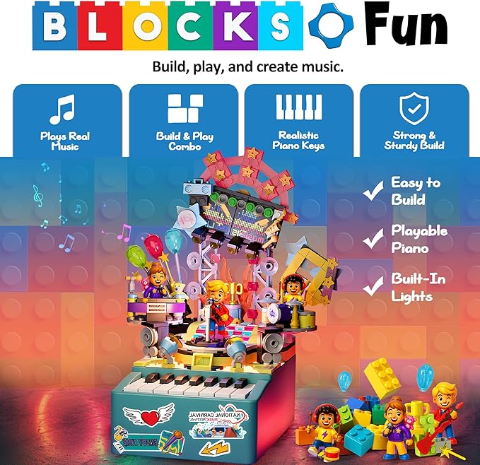 STEM Piano Music Building Block Set with Light & Sound, Real Playable Building Toys for Kids Ages 6+, Birthday Gift & Room Décor, DIY Creative Toys for Kids & Adults