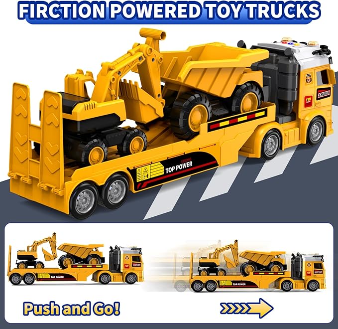 Toddler Boy Toys for Ages 3 4 5 6 7 8 Years Old, 25" Large Construction Carrier Truck Toy Excavator and Dump Truck, Friction Powered Vehicle with Lights & Sounds, Birthday Gift for Boys Girls