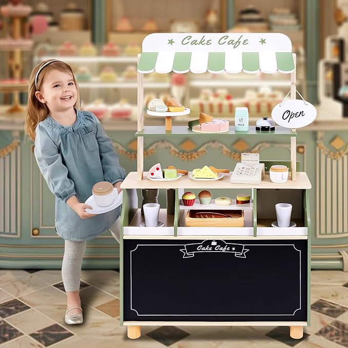 Wooden Coffee Shop Play Set, Pretend Grocery Store, Realistic Bakery Shop Sessert Stand with Toy Foods 37 PCS, Gift for Kids 3 4 5 6 Yead Old