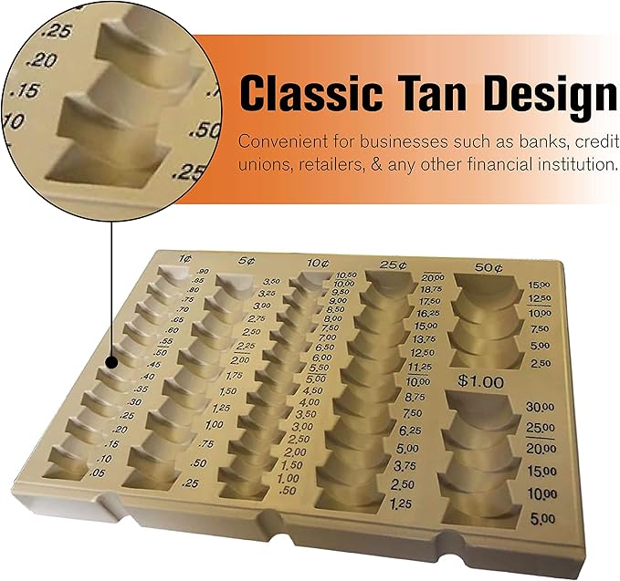 BankSupplies Self-Counting Loose Coin Tray | Nude/White | Coin Holder & Organizer | Holds 6 Change Denominations | Non-Slip | Pennies, Nickels, Dimes, Quarters, Halves & SBA Dollars