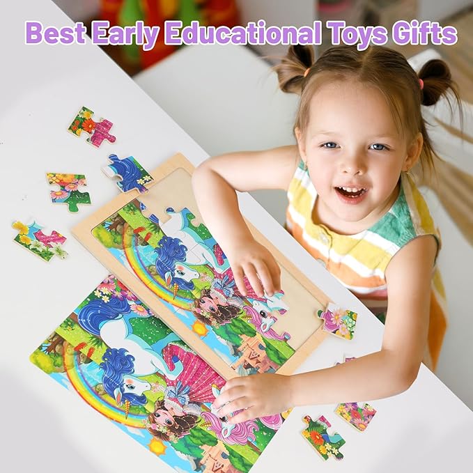 Wooden Puzzles for Kids Ages 4-6, 24 Piece Unicorn Mermaid Princess Jigsaw Puzzles 4 Packs, Preschool Toddlers Learning Activity Puzzles Toys for Girls 3 4 5 6 Years Old