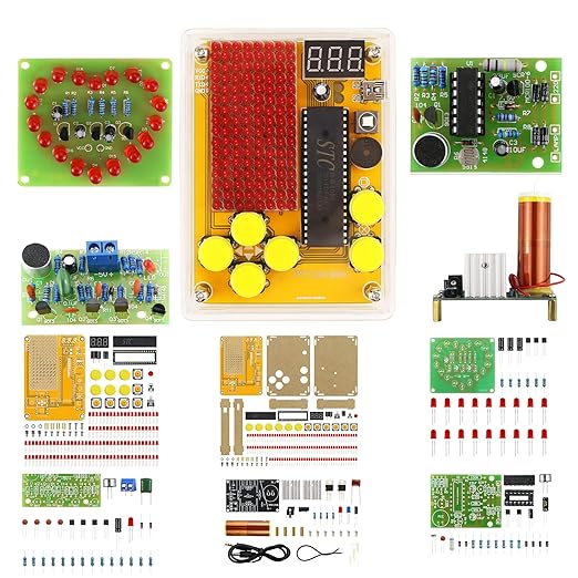Soldering Practice Kit 5in1 DIY Classic Game Music Tesla Coil Audio-Light Control Red Heart-Shaped Clapping Sound Control Kit Plug-in Circuit Kit Learn Soldering Kit for Beginners (5IN107)