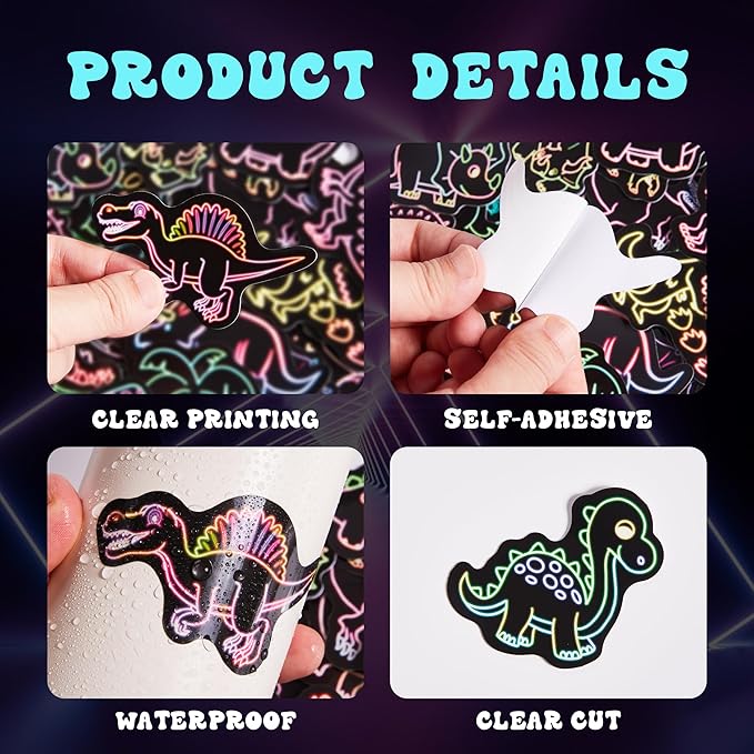 51 Pcs Neon Dinosaur Stickers for Kids, Dinos Sticker for Water Bottle, Vinyl Waterproof Laptop Decals for Teens Girls Boys, Students Adults Sticker Pack