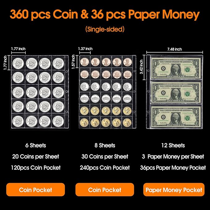 Coin Collection Book for Collector, 360 Pockets Coin holder Albums & 36 Sleeves money storage case with Aluminum Foil Lining for Coins, Currency, Bill, Quarter, Stamp, pennies
