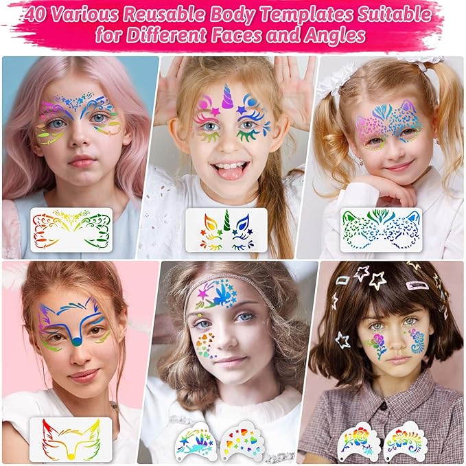 72PCS Face Painting Stencils Kit for Kids & Adults - Reusable Face Paint Templates with 10 Brushes, Makeup Sponge, Glitter Gems & Tattoo Stickers for Halloween, Christmas, Festival Party
