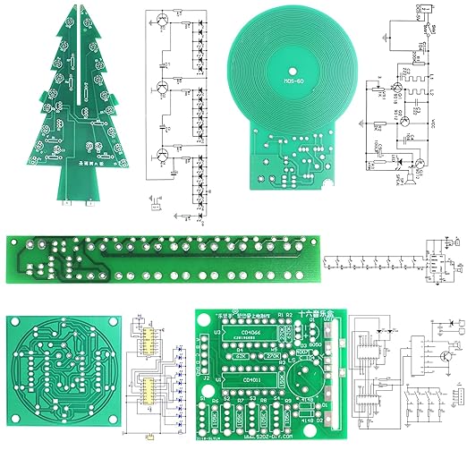 Soldering Practice Kit 5in1 DIY RGB LED 3D Xmas Tree Electronic Organ Metal Detector Adjustable Flash LED 16 Sounds Music Box Plug-in Circuit Kit Learn Soldering Kit for Beginners (05SDS5-1)