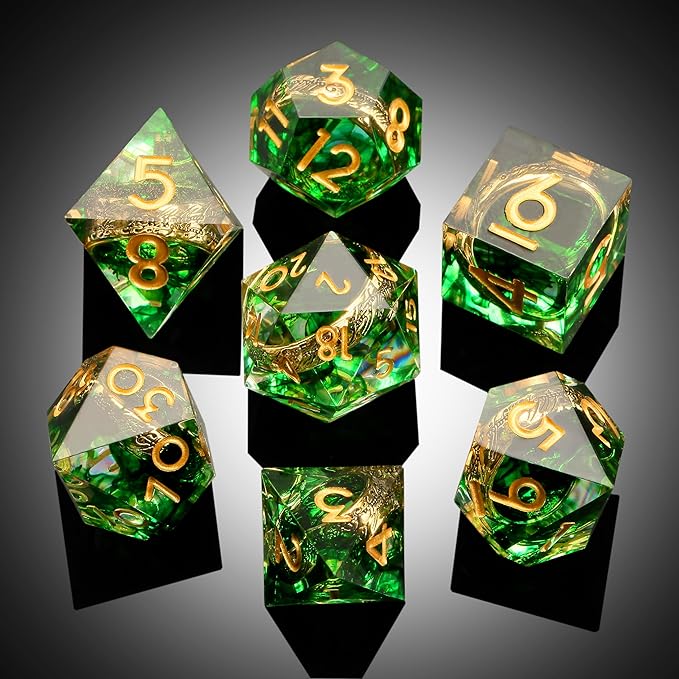 DNDND Magic Lord Rings DND Dice Set with Gift Case 7-Piece Resin Sharp D&D Dice Set with Golden Rings for RPG Dungeons & Dragons Tabletop Game (Green)
