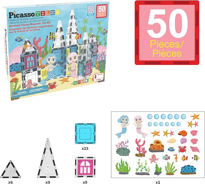 PicassoTiles 50 Piece Magnetic Tiles Mermaid Theme Magnet Building Blocks Toddler Toy Educational STEM Learning Kit Construction Set Pretend Play Preschool Kid Game Toddler Girl Boy Ages 3 & Up PTQ34