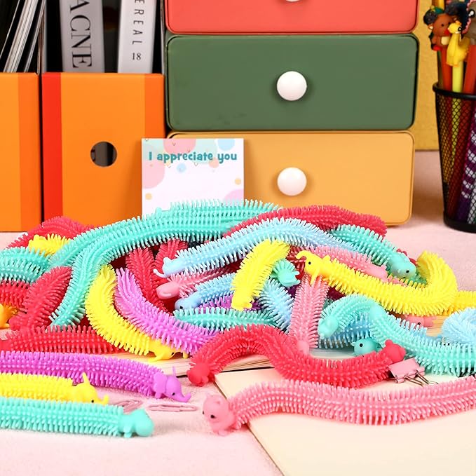 Chivao 100 Pack Bulk Stretchy String Fidget Toys Animal Sensory Toys for Kids and Adults Colorful Fidget Worm Stress Anxiety Relieve Party Favors Goodie Bag Fillers Birthday Gifts (Animal Style)