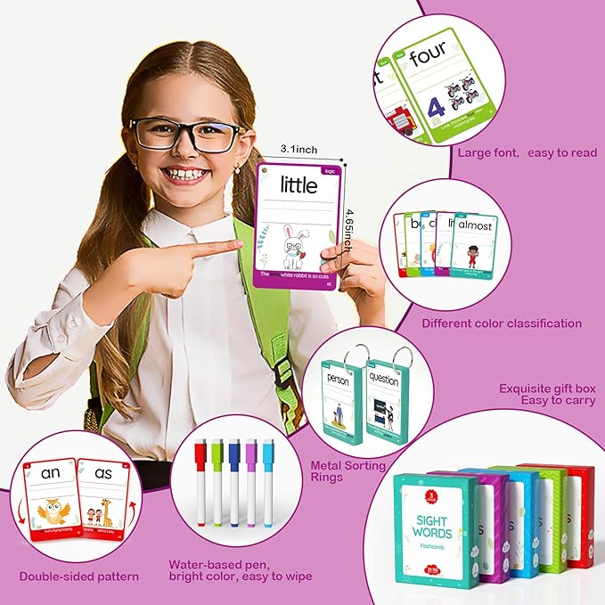 WJPC 275 Cards, 530PCS High Frequency Sight Words Flash Cards with Pictures, Sentences, for (Pre-Kindergarten, 1st, 2nd, 3rd 4th Grade, 4,5,6,7,8,9,10,11 Years Ages Kids Preschool, Homeschool