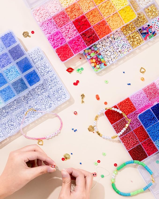 Goldwise Friendship Bracelet Kit 6 Boxes, Bracelet Making Kits with 48 Colors Clay Beads, 48 Colors Glass Seed Beads and 4 Styles Letter Beads (A-Z) with Charms for Bracelet Making Gift