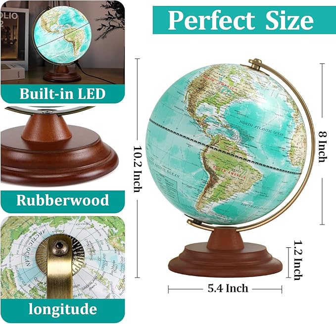 Illuminated Globe of the World with Wooden Stand, 8'' World Globe for Kids & Adults' Learning Built-in LED Night Light, Home Office Classroom Decor Geography Gifts(Elegant Turquoise)