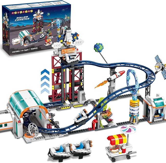 HOGOKIDS Space Roller Coaster Building Toy - 926PCS Coaster Building Set Features Lift Platform, Satellites, Rocket Buildable Space Rollercoaster Adventure Park for Adults Kids Girl Boy Ages 8+