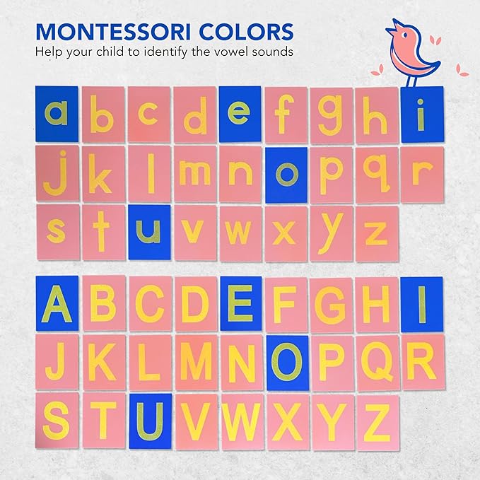 Montessori Sandpaper Letters | Lowercase and Uppercase | PP Wood Tiles | Vowel Consonant Color Coded | Includes Storage Box