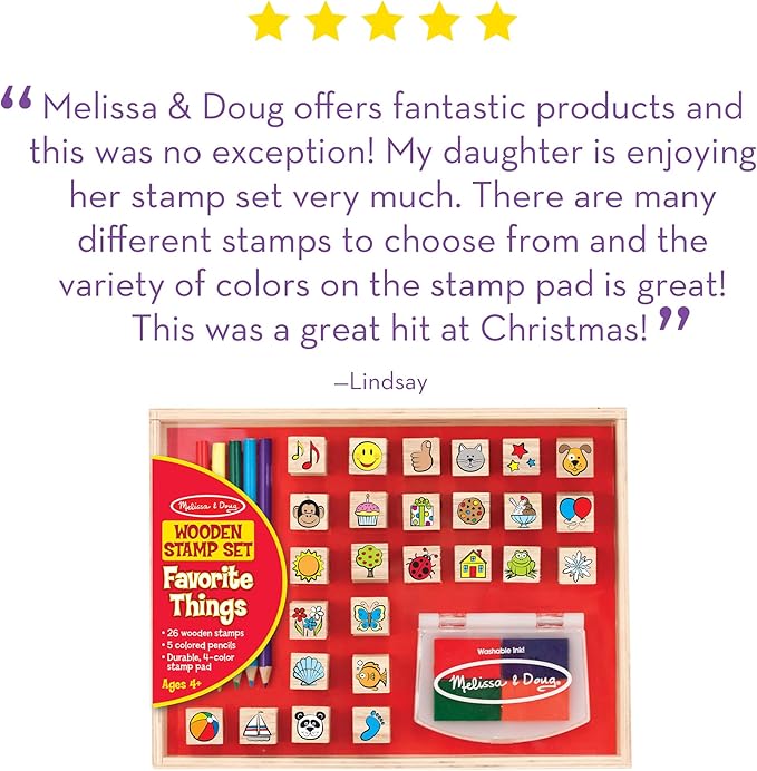 Melissa & Doug Wooden Stamp Set, Favorite Things - 26 Wooden Stamps, 4-Color Stamp Pad