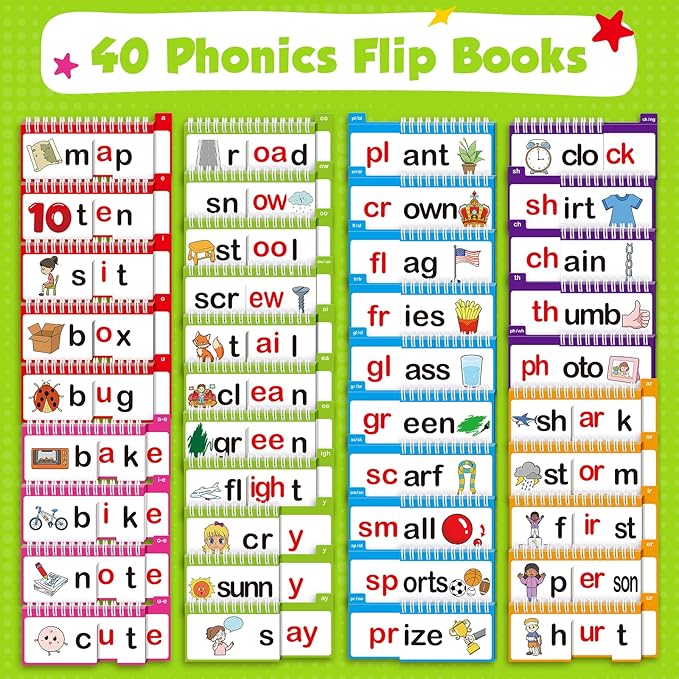 Word Family Build Book, 40 Read and Rhyme Flip Books, Sight Words Flash Cards Kindergarten, Learn to Read Phonics Flash Cards, Phonics Games Books for Preschool Learning Activities