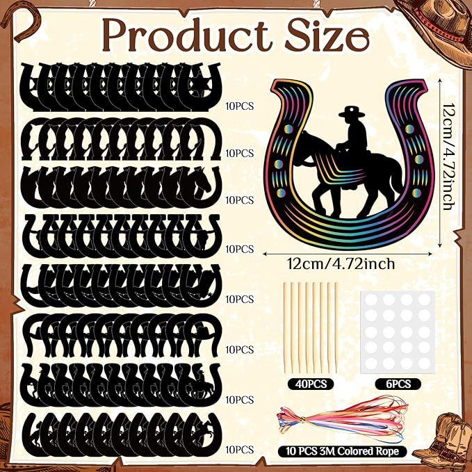 Western Cowboy Scratch Cards 80 Pcs Horseshoe Rainbow Scratch Art Paper with Wooden Stylus for Boys and Girls DIY Colorful Horse Craft Kits Home School Western Theme Birthday Festive Party Favors