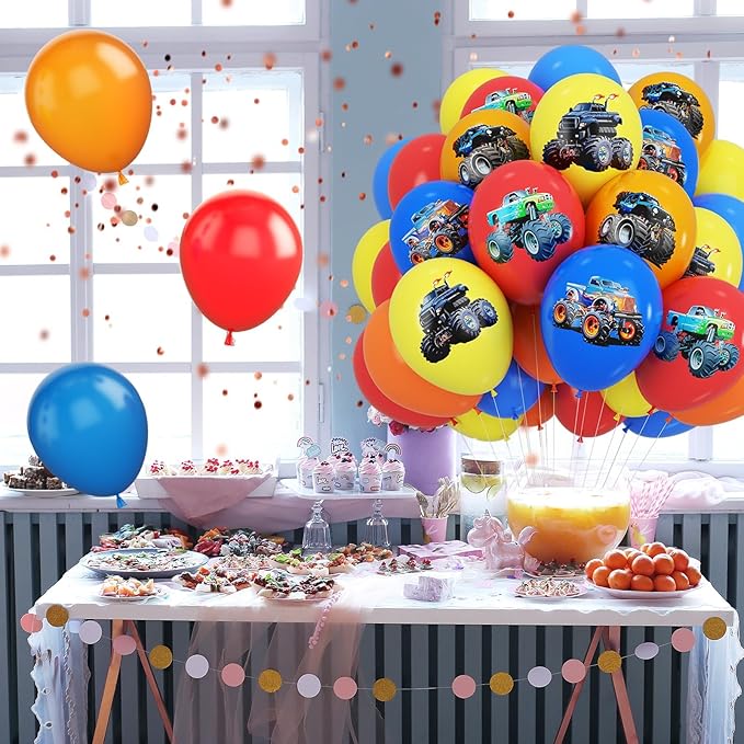 Monster Truck Balloons, 12 Inch Red Yellow Blue Orange Balloons Colorful Truck Theme Printed Latex Balloon Bouquet for Monster Truck Party Baby Shower Wedding Birthday Party Supplies
