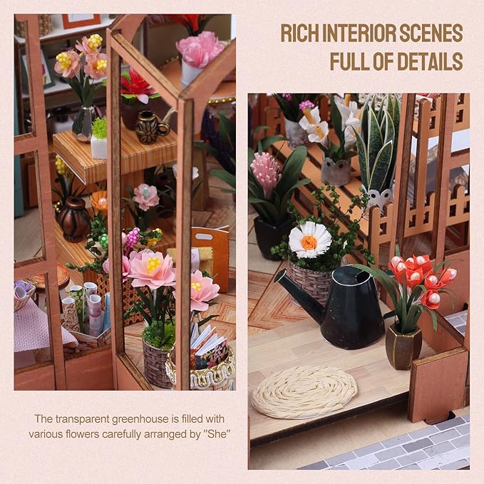DIY Miniature Dollhouse Greenhouse Building Room Kit, Wooden Diorama Book Nook House Crafts for Adults, 1:24 Scale Miniature Street Tiny Library House Making