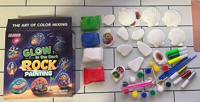 Awsoo Shell & Rock Painting Kit- Space and Rocky Glow in The Dark Arts and Crafts for Kids Ages 8 9 10 11 12, Art Supplies Craft Paint Kits, Birthday Party Gift Toy
