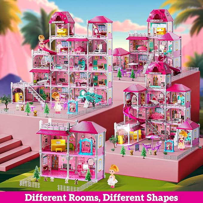 Villa Playset for Girls Ages 3-7, Indoor Playset Girls Toys for Ages 6-8 with 4 Storeys 18 Rooms 4 Dolls, Furniture and Accessories, Pretend Toddler Toy, Birthday Gifts for Kids 3 4 5 6 7 8