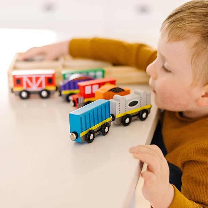Melissa & Doug Wooden Magnetic Train Cars - 8 Piece Educational and Skill-Building Wooden Toy for Boys and Girls